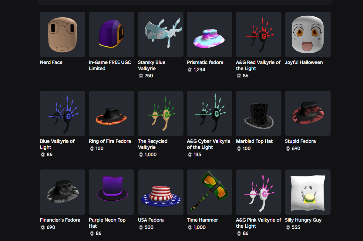 A grid of Silly Ninja UGC avatar items including hats, faces and accessories
